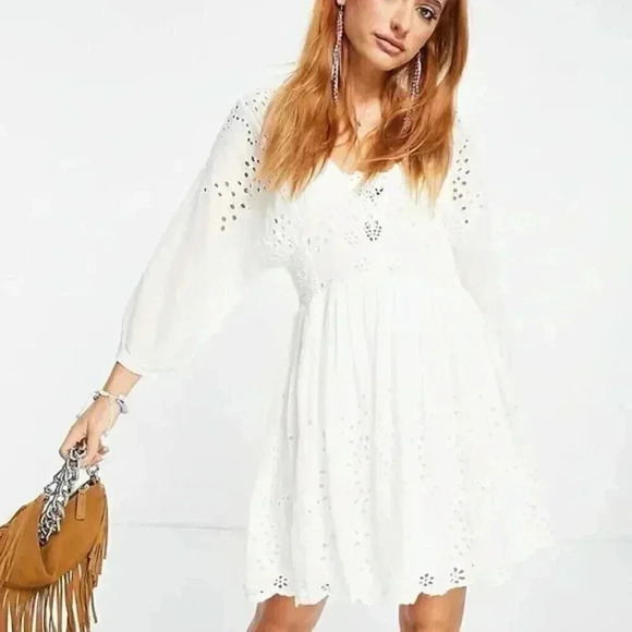 Free People White Lottie Eyelet lace Mini Summer Dress Medium - Picture 10 of 11